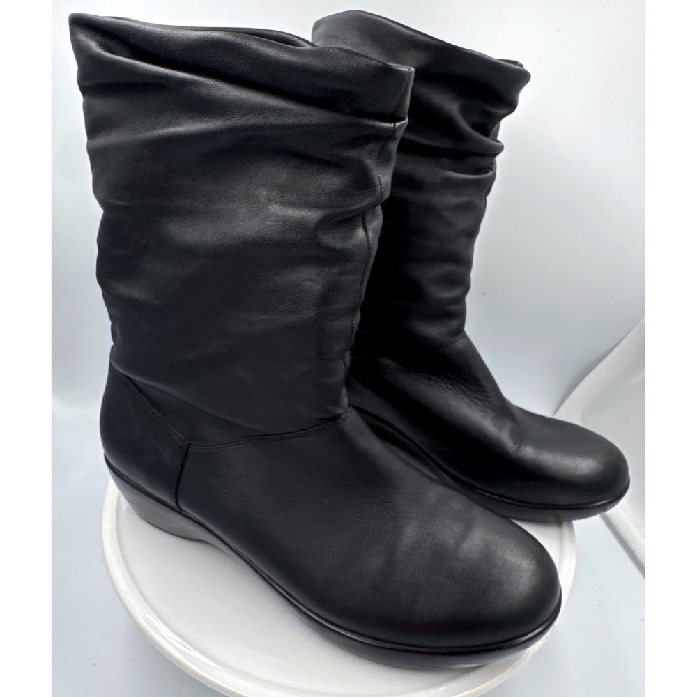 Dansko Wedge Boots Womens Size 7.5 8 Euro 38 Black Leather Slouchy Mid Calf
